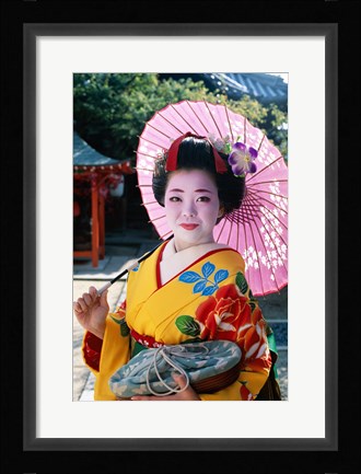 Framed Geisha with Pink Umbrella Print
