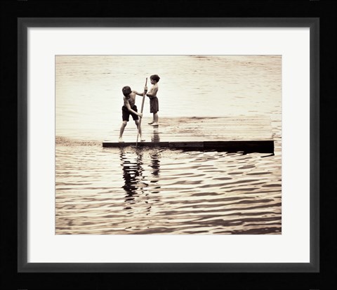 Framed Two boys standing on a wooden platform in a lake Print