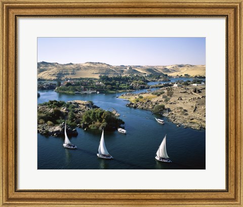 Framed Sailboats In A River, Nile River, Aswan, Egypt Landscape Print