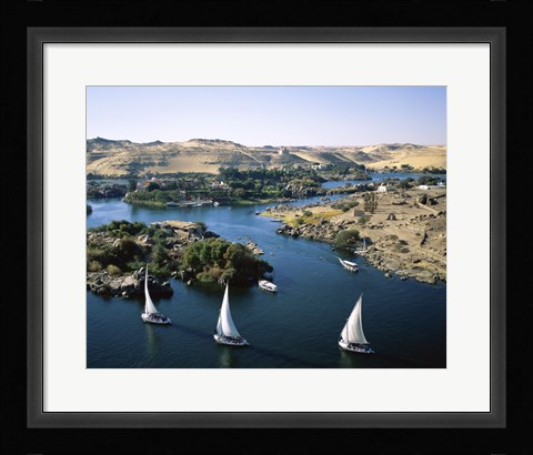 Framed Sailboats In A River, Nile River, Aswan, Egypt Landscape Print