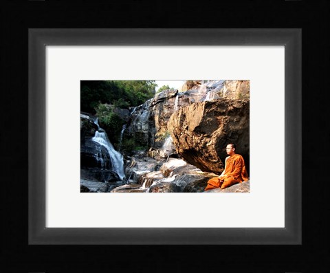 Framed Buddhist Monk In Mae Klang Waterfall Print