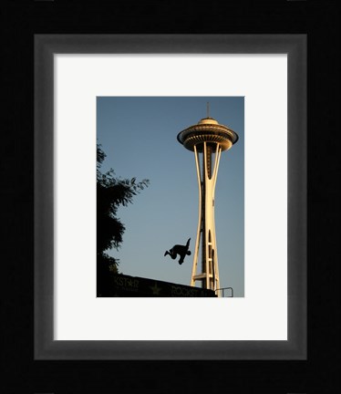 Framed Skateboarder Aloft and Space Needle Print
