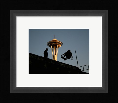 Framed Skateboarder Aloft and Space Needle Print