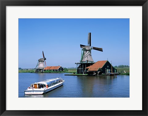 Framed Windmills and Canal Tour Boat, Zaanse Schans, Netherlands Print