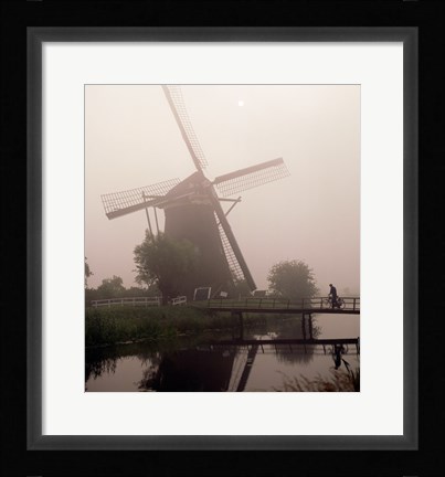 Framed Windmill and Cyclist, Zaanse Schans, Netherlands black and white Print