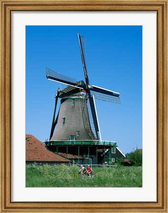 Framed Windmill and Cyclists, Zaanse Schans, Netherlands Print