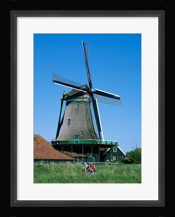 Framed Windmill and Cyclists, Zaanse Schans, Netherlands Print