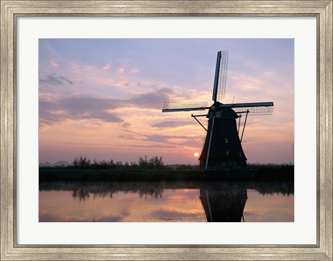 Framed Silhouette, Windmills at Sunset, Kinderdijk, Netherlands Blue Light Print