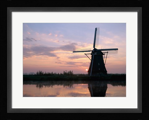 Framed Silhouette, Windmills at Sunset, Kinderdijk, Netherlands Blue Light Print