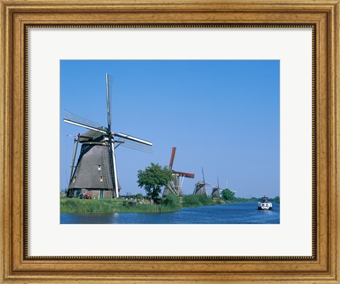 Framed Windmills and Canal Tour Boat, Kinderdijk, Netherlands Print