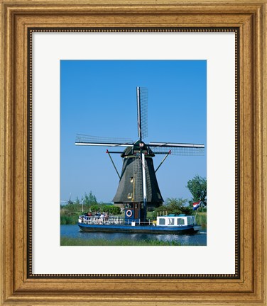 Framed Windmill and Canal Tour Boat, Kinderdijk, Netherlands Print
