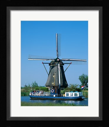 Framed Windmill and Canal Tour Boat, Kinderdijk, Netherlands Print