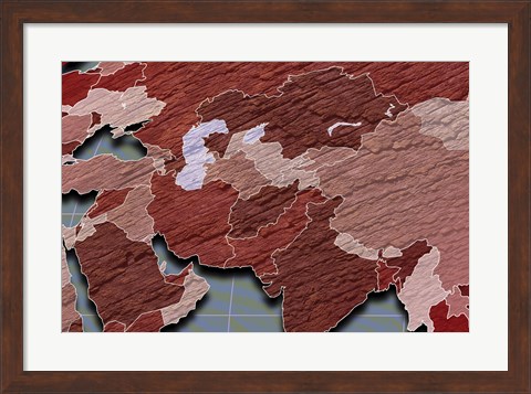 Framed Close-up of a world map - red and blue Print