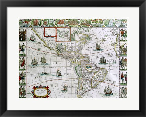 Framed Map of North and South America, Joan Bleau, 1630 Print