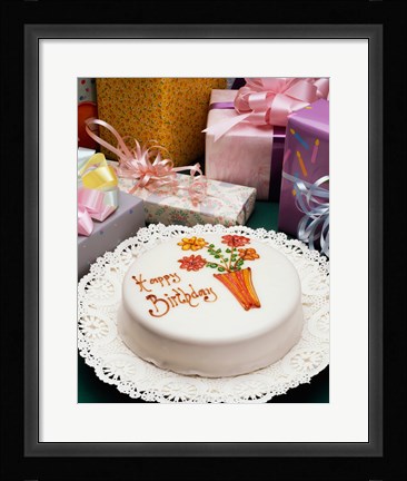 Framed High angle view of a birthday cake with gifts Print