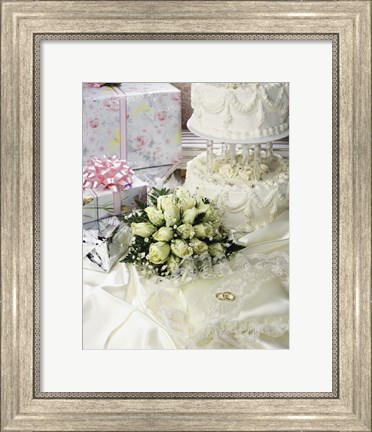 Framed Cake with rings and gifts on a sheet Print
