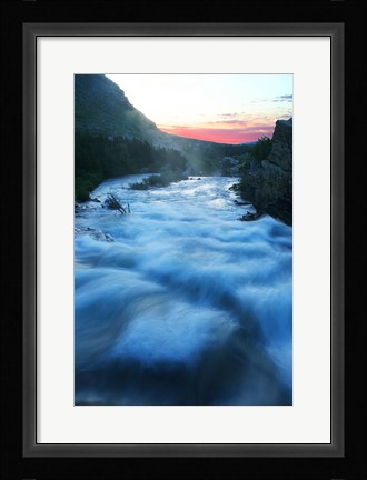 Framed River flowing around rocks at sunrise, Sunrift Gorge, US Glacier National Park, Montana, USA Print