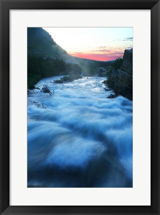 Framed River flowing around rocks at sunrise, Sunrift Gorge, US Glacier National Park, Montana, USA Print