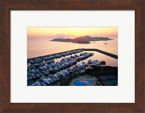 Framed Sunrise over Peng Chau Island with Discovery Bay Marina in foreground, Hong Kong, China Print