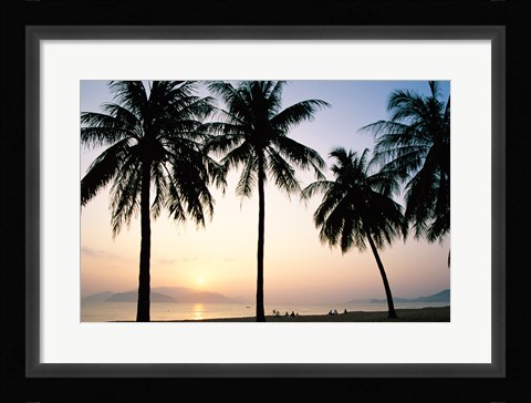 Framed Silhouette of palm trees on a beach during sunrise, Nha Trang Beach, Nha Trang, Vietnam Print