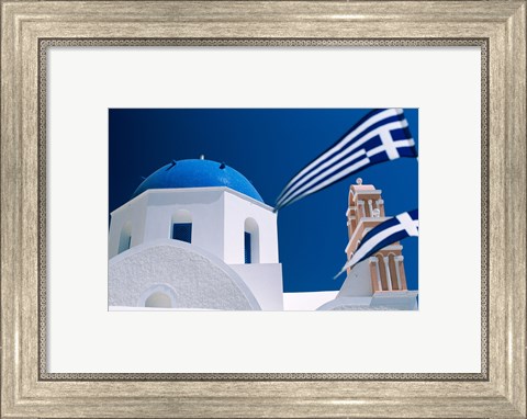 Framed Santorini, Oia , Cyclades Islands, Greece With Flag Print