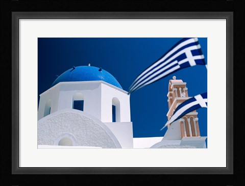 Framed Santorini, Oia , Cyclades Islands, Greece With Flag Print