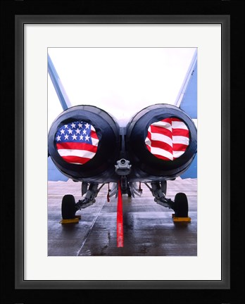 Framed FA-18 Hornet engines covered with American flag, USA Print