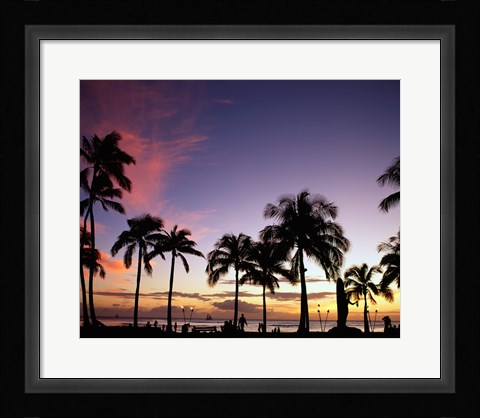 Framed Silhouette of palm trees on the beach, Waikiki Beach, Honolulu, Oahu, Hawaii, USA Print
