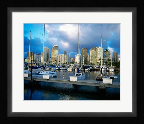Framed Sailboats docked in a harbor, Ala Wai Marina, Waikiki Beach, Honolulu, Oahu, Hawaii, USA Print