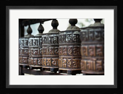 Framed Close-up of prayer wheels, Kathmandu, Nepal Print