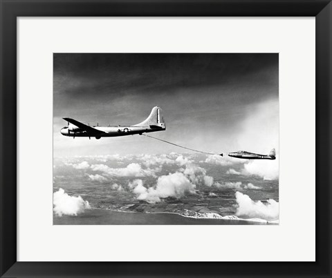 Framed Side profile of a military tanker airplane refueling in flight, B-29 Superfortress, F-84 Thunderjet Print