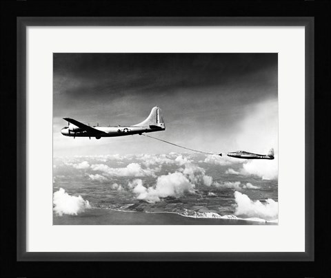Framed Side profile of a military tanker airplane refueling in flight, B-29 Superfortress, F-84 Thunderjet Print