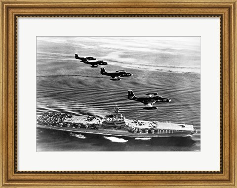 Framed High angle view of four fighter planes flying over an aircraft carrier, US Navy Banshees, USS Coral Sea (CV-43) Print
