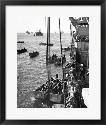 Framed High angle view of army soldiers in a military ship, Normandy, France, D-Day, June 6, 1944 Print