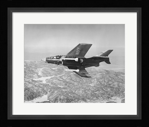Framed Side profile of a fighter plane carrying sidewinder missiles during flight, F9F-8 Cougar, US Navy Print