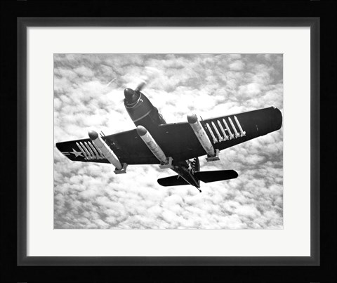 Framed Low angle view of a fighter plane carrying missiles in flight, Martin AM-1 Mauler, US Navy Print