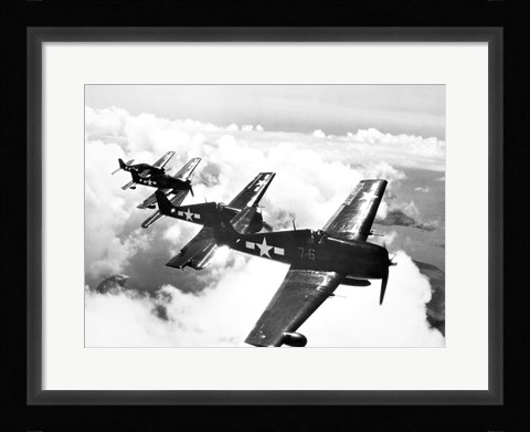 Framed High angle view of four fighter planes flying in formation, F6F Hellcat Print