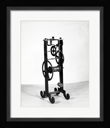 Framed Model of a pendulum clock designed by Galileo in 1642 and made by his son in 1649 Print