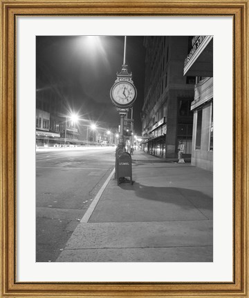 Framed Night view with street clock and mailbox Print