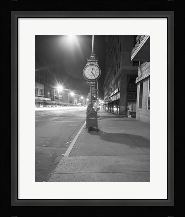 Framed Night view with street clock and mailbox Print
