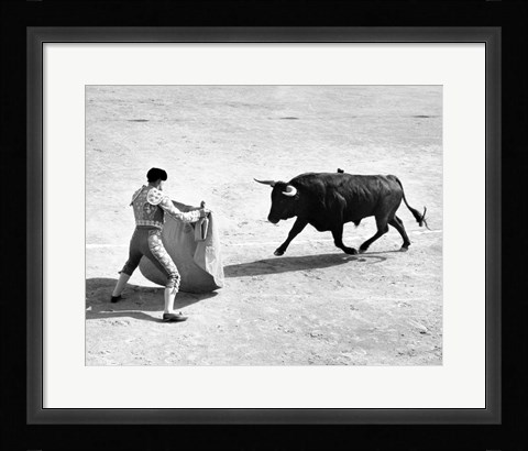 Framed High angle view of a bullfighter with a bull in a bullring, Madrid, Spain Print