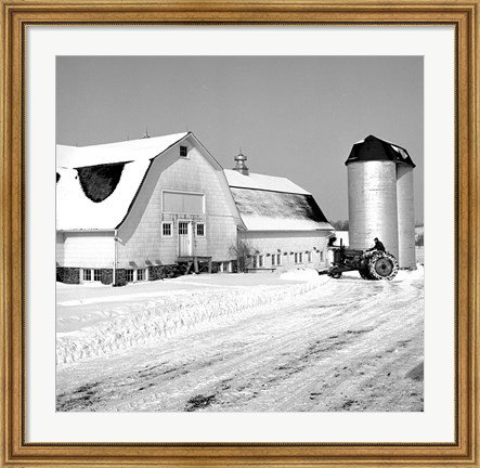 Framed Farmer on Tractor Clearing Snow Away Print