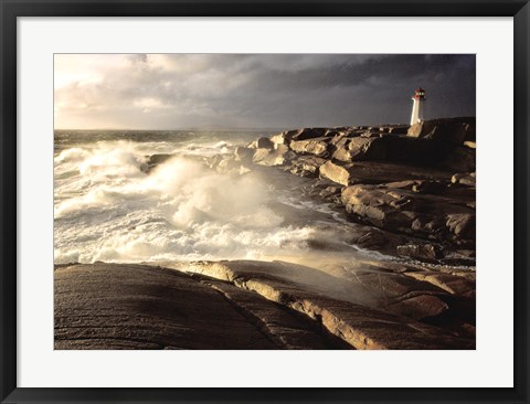 Framed Waves crashing against rocks, Peggy&#39;s Cove Lighthouse, Peggy&#39;s Cove, Nova Scotia, Canada Print