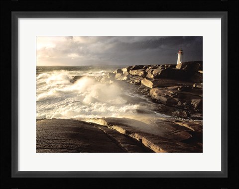 Framed Waves crashing against rocks, Peggy's Cove Lighthouse, Peggy's Cove, Nova Scotia, Canada Print