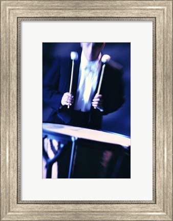 Framed Young Man Playing The Drums Black And White Print