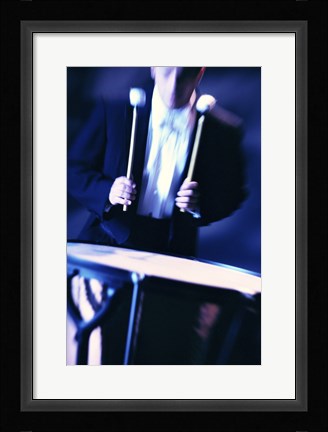 Framed Young Man Playing The Drums Black And White Print