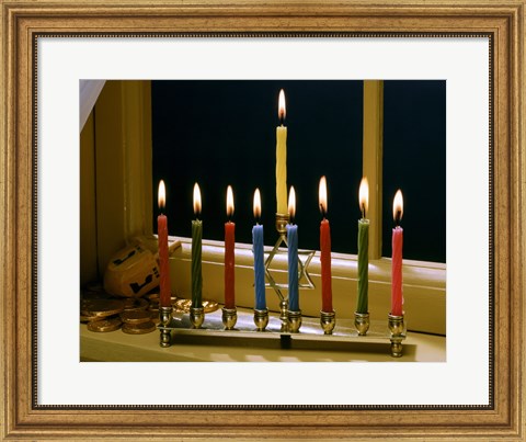Framed Close-up of a menorah with burning candles and a Star of David Print