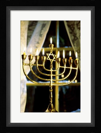 Framed Close-up Of Lit Candles On A Menorah And Window Print