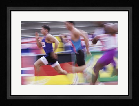 Framed Side profile of three men running on a running track Print