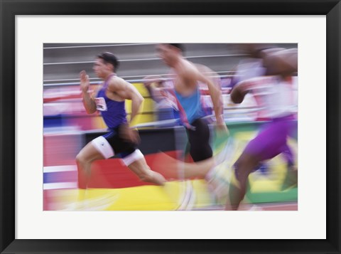 Framed Side profile of three men running on a running track Print